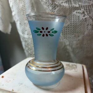 Vintage Bartlett Collins Frosted Blue Bud Vase - Hand Painted Floral MCM 4"